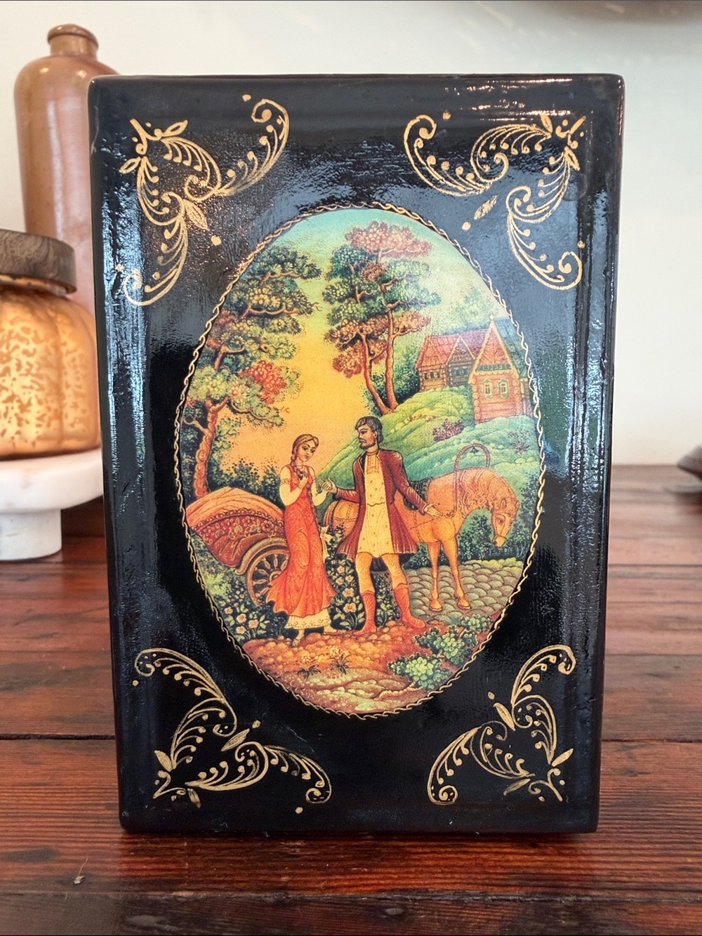 Hand-Painted Russian Black Lacquer Decorative Box with Scenic Panel.